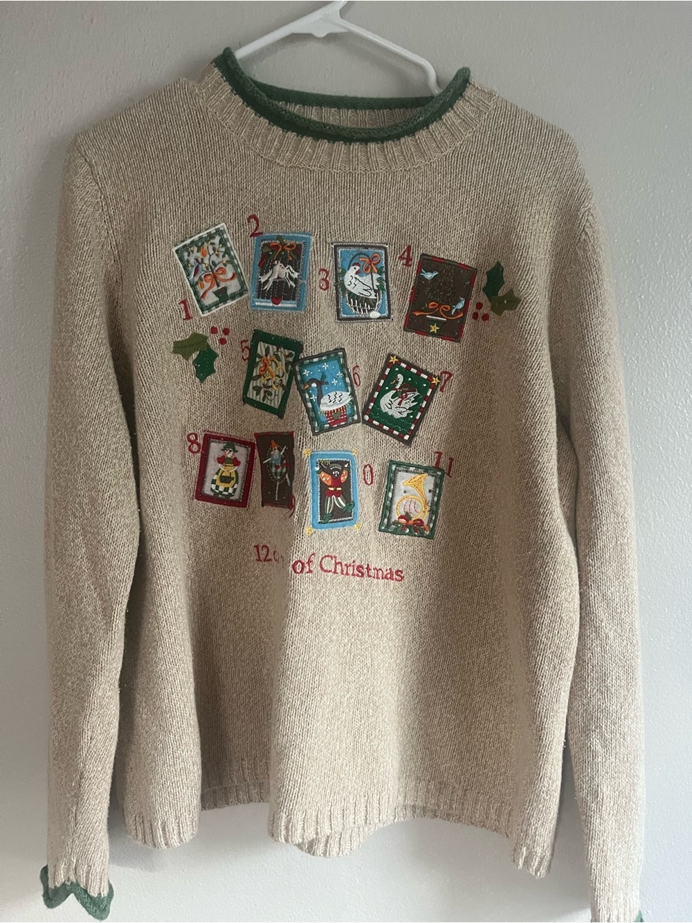 Women Beige Holiday Sweater with Festive Card Motif
